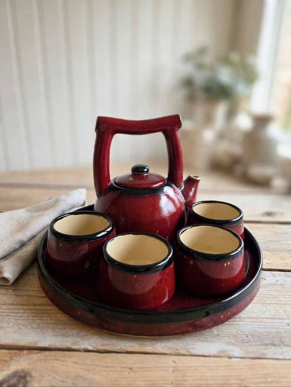 Pier 1 Earthenware Shanghai Tea Set - Burgundy Red & Black